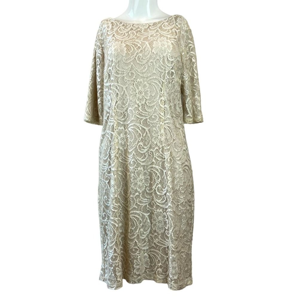 AGB Women Soutache Lace Mesh Sheath Dress Boat Neck Short Sleeve Ivory Size 12